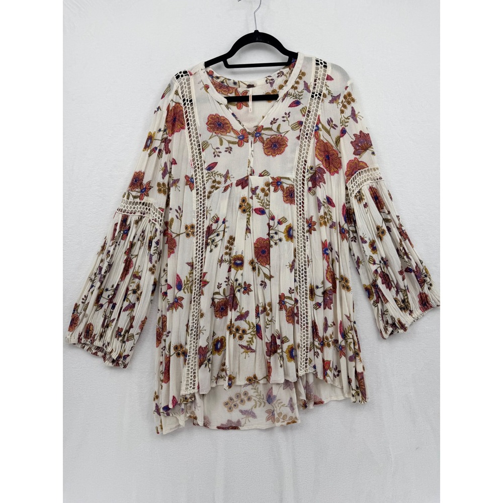 Free People Just The Two of Us Floral Tunic Top Cream Med Hippie Peasant Folk